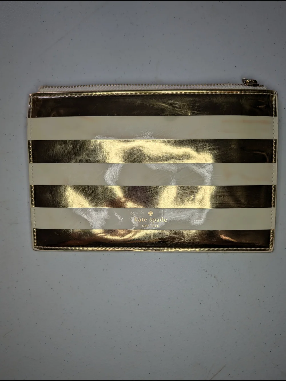 kate spade Metallic Gold and Cream Striped Pouch